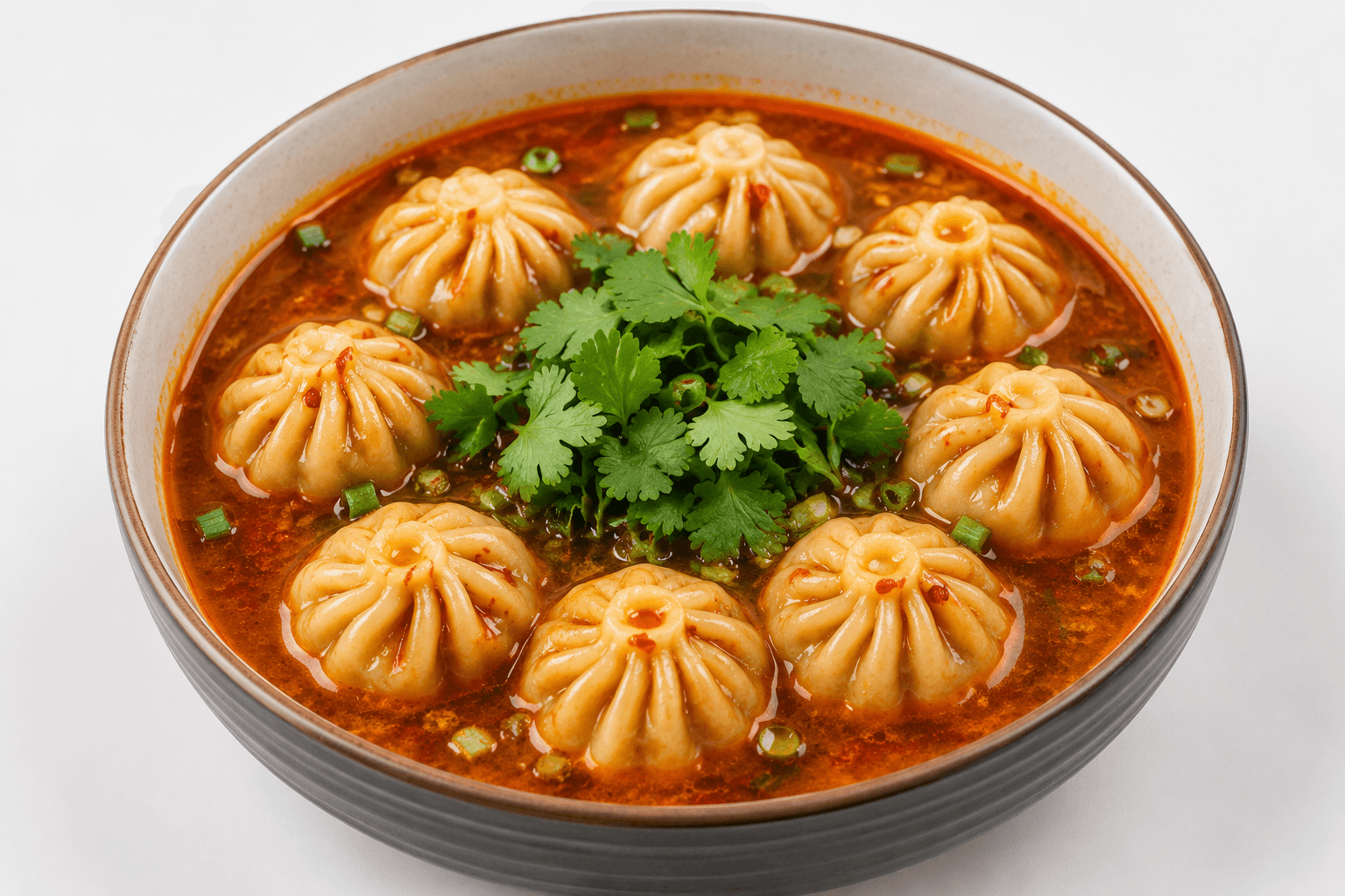 Chicken jhol momo with spicy sesame achaar